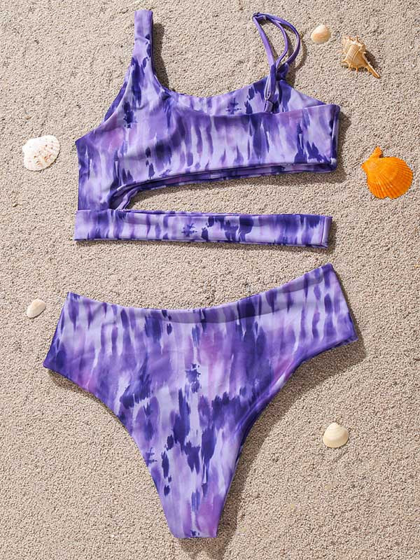 Tie-Dyed Gradient Asymmetric Hollow Split Bikini Swimsuit