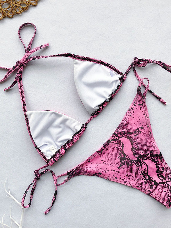 Lace-Up Snakeskin Print Scrunch Bikini Set