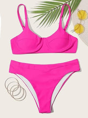 Solid Color Spaghetti-Neck Underwired Split Bikini Swimsuit