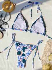 Neckholder-Bikini mit Blumenmuster, rückenfrei, mit Dreiecken und seitlicher Schnürung 