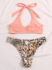 Leopard Print Color-Block Halterneck Split Bikini Swimsuit