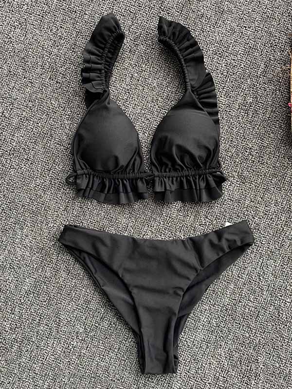 Solid Color Ruffled Triangles Split Bikini Swimsuit