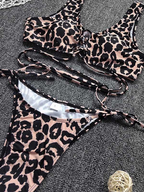 Leopard Print Bandage Hollow Split Bikini Swimsuit