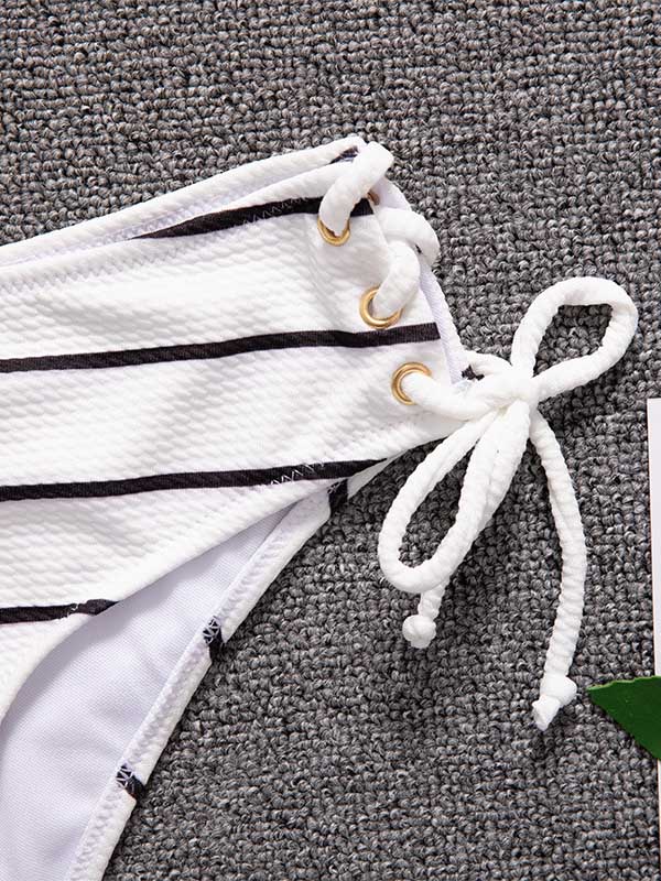 Striped U-Neck Bandage Split Bikini Swimsuit