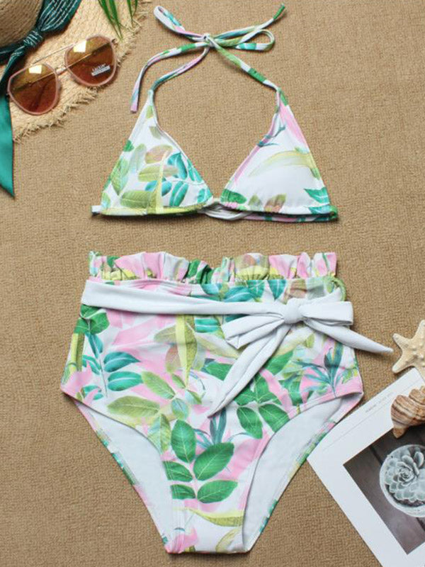 Bikini-Badeanzug mit Blumenmuster, Dreiecken und Bandage im Empire-Stil und Schlitz 