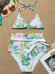 Floral-Print Triangles Empire Bandage Split Bikini Swimsuit