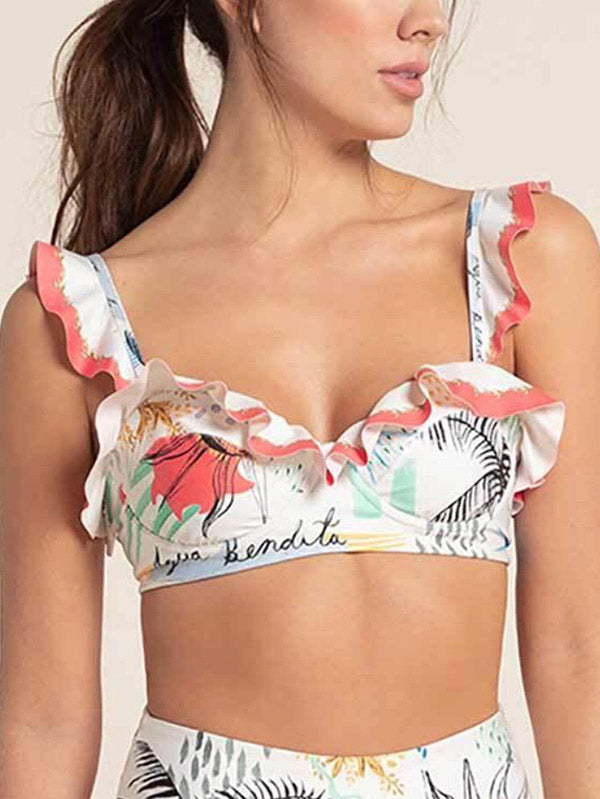 Floral-Print Falbala Split Bikini Swimsuit