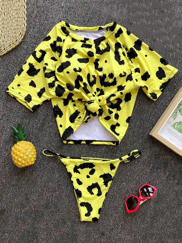 Two-Pieces Solid Short Sleeves Bikinis Swimwear