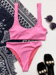 Solid Color Concise Square-Neck Split Bikini Swimsuit