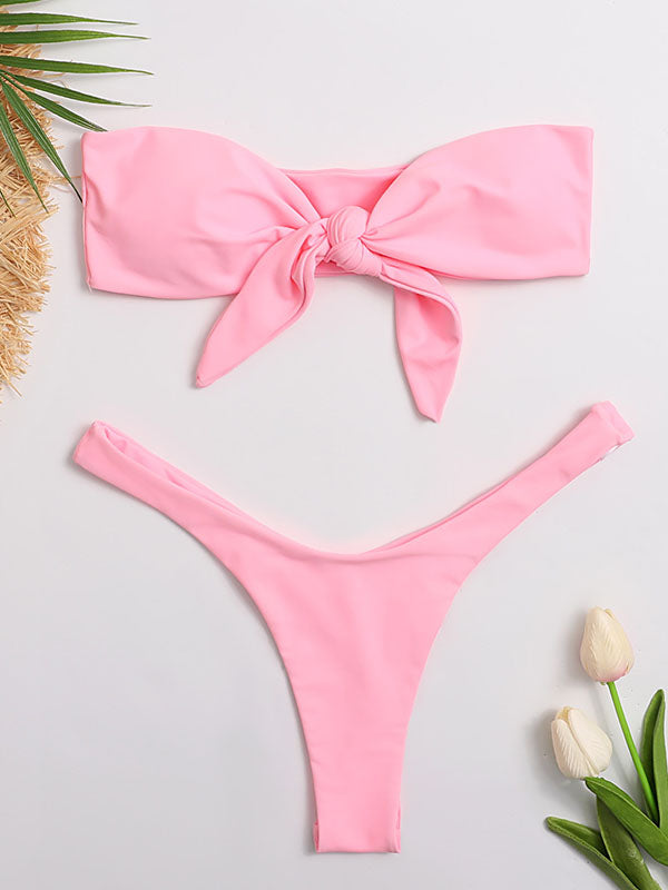 Barbie – Rosafarbener Bandeau-Bikini-Badeanzug mit Schlitz und Knoten 