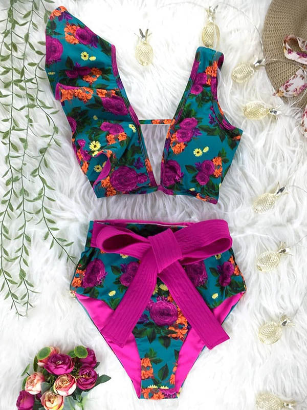 Floral Falbala Asymmetric Bikini Swimsuit