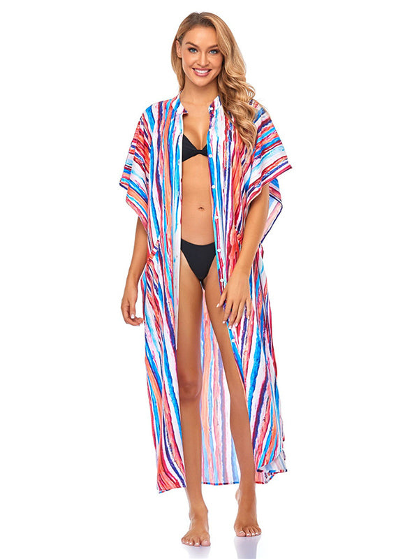 Striped Loose Pocket Cardigan Vacation Beach Cover-Up Swimwear