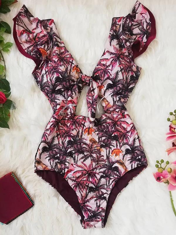 Floral-Printed Falbala Hollow One-Piece Swimsuit