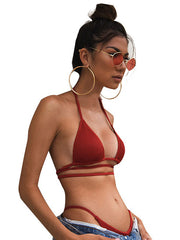 Sexy Bikini-Badeanzug in Volltonfarbe mit Bandage-Dreiecken 