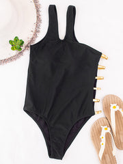 Plain One-Shoulder Padded Split-Joint Hollow One-Piece Swimwear