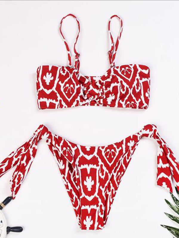 Abstract Printed Bandage Knotted Split Bikini Swimsuit