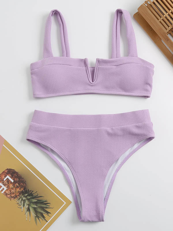 Einfarbiger Bandeau-Bikini-Badeanzug mit V-Ausschnitt und Schlitz 