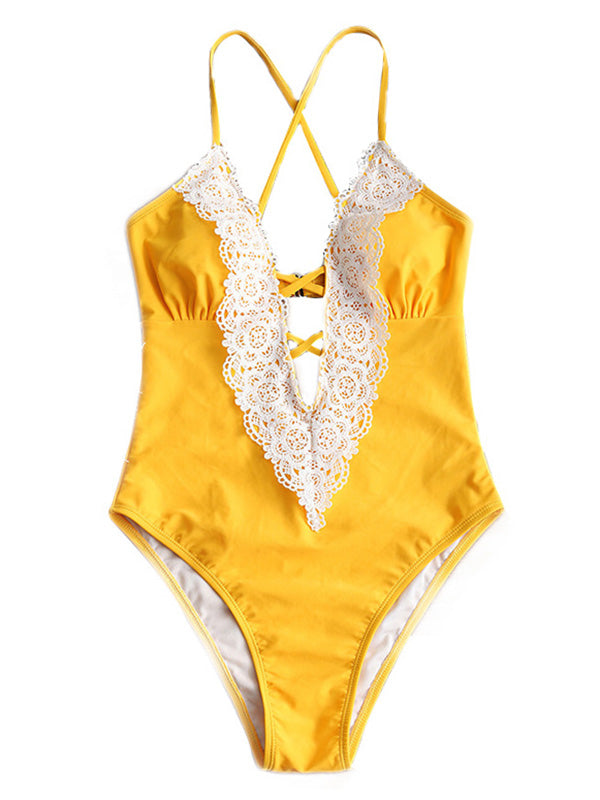 Solid Color Lcae Split-Joint Sexy One-Piece Swimwear