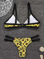 Floral-Print Bandage Hollow V-Neck Split Bikini Swimsuit