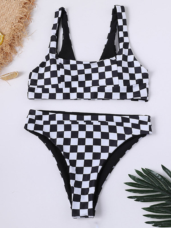 Black And White Grid U-Neck Split Bikini Swimsuit