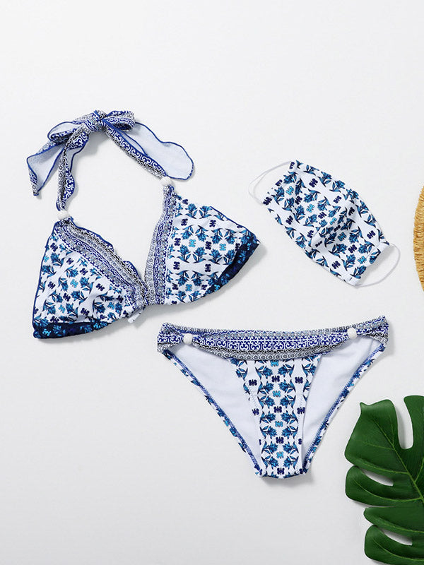 Blue And White Porcelain Triangles Knotted Split Bikini Swimsuit+Face Mask