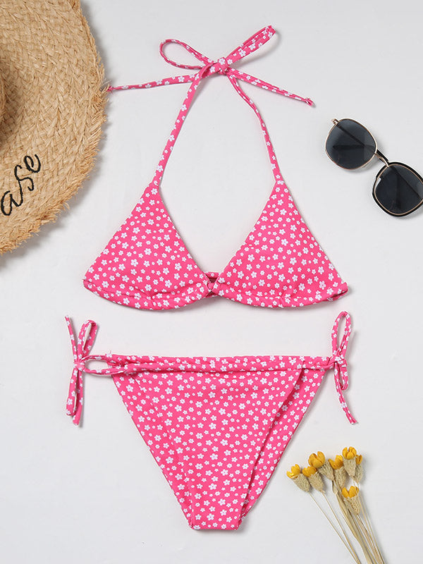 Floral-Print Triangles Bandage Backless Split Bikini Swimsuit