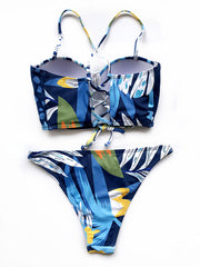 Abstract Printed Underwired Bandeau Split Bikini Swimsuit