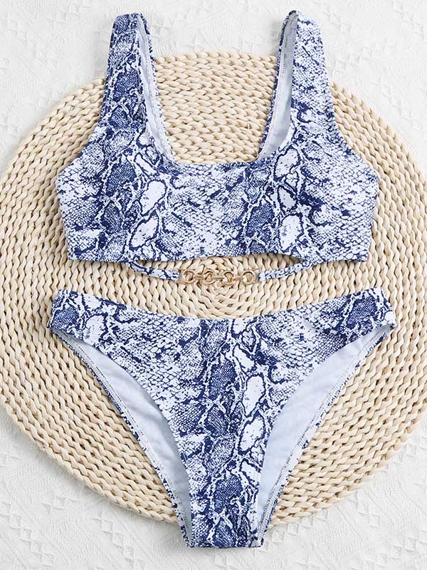 Snake-Print U-Neck Embellished Split Bikini Swimsuit