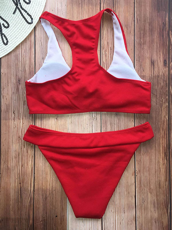 Solid Color Knotted Hollow Split Bikini Swimsuit