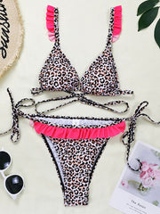 Triangle Leopard Print Ruffled Bikini Swimwear