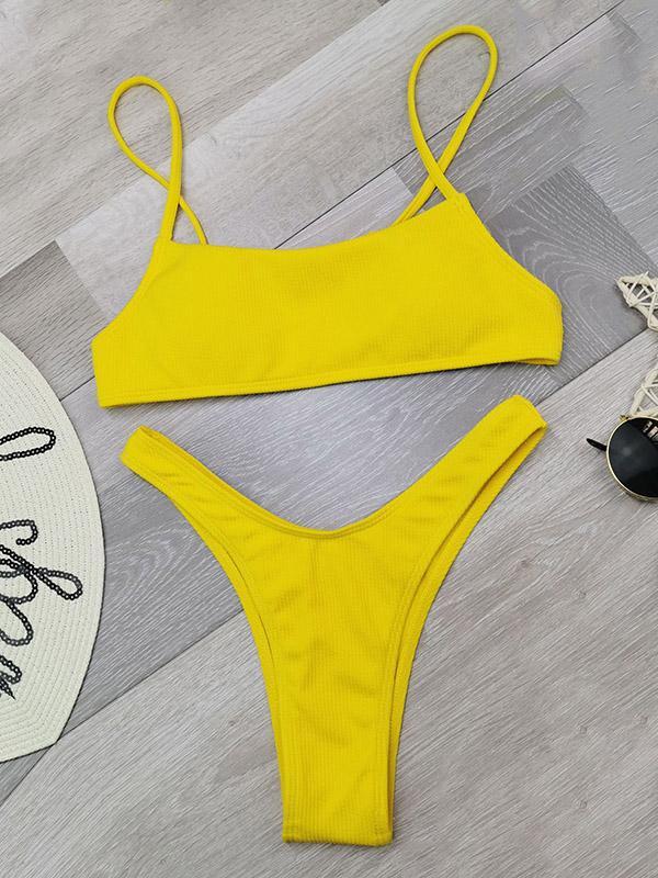 Solid Color Thread Spaghetti-Neck Split Bikini Swimsuit