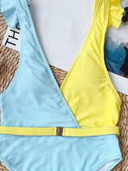 Contrast Color Split-Joint Belted One-Piece Swimwear