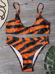 Tiger Pattern Spaghetti-Neck Split Bikini Swimsuit