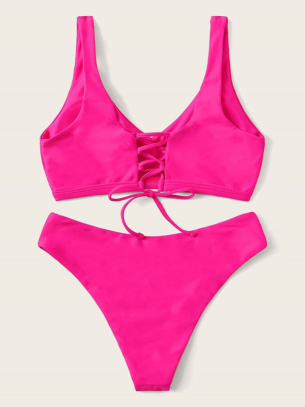 Fluorescent Solid Color Backless Bandage Split Bikini Swimsuit