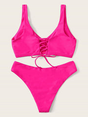 Fluorescent Solid Color Backless Bandage Split Bikini Swimsuit