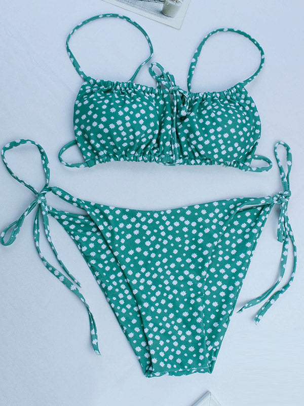 Floral-Print Bandage Hollow Split Bikini Swimsuit