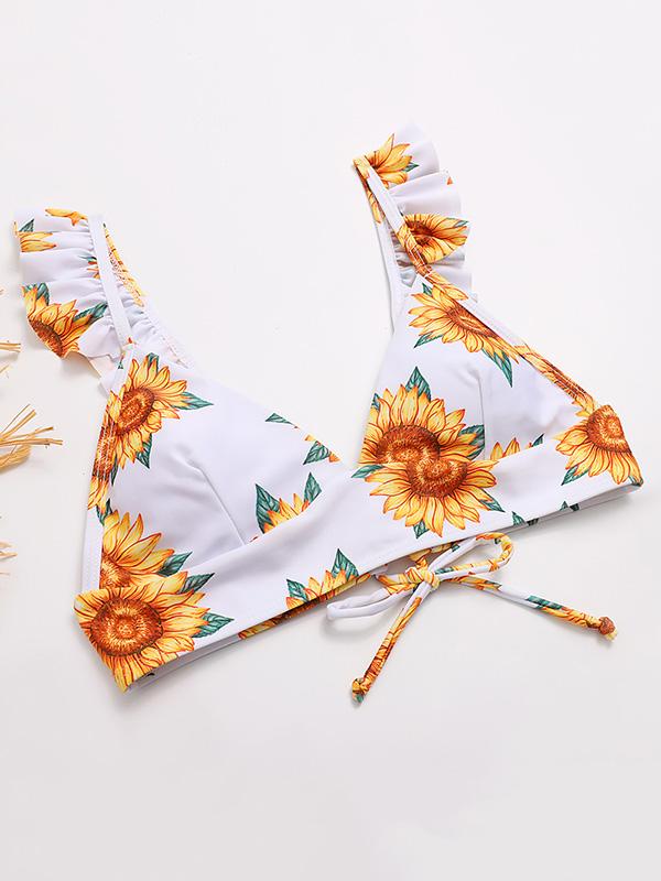 Floral-Print Color-Block Flared Sleeves Bandage Split Bikini Swimsuit