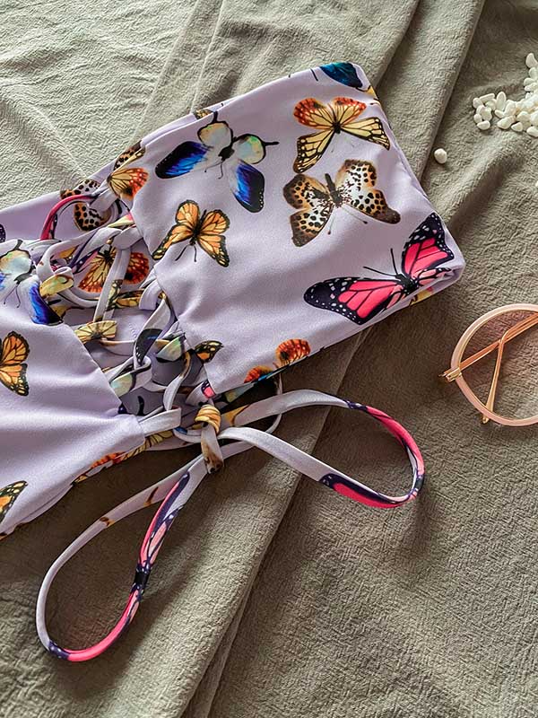 Strapless Butterfly Pattern Split Bikini Swimsuit