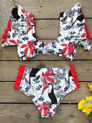 Bikini-Bademode mit Rüschen, Schleife und Blumenmuster und hoher Taille 