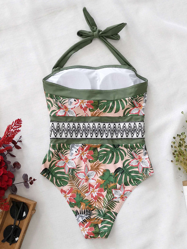 Floral Printed Backless Bandage One-Piece Swimsuit