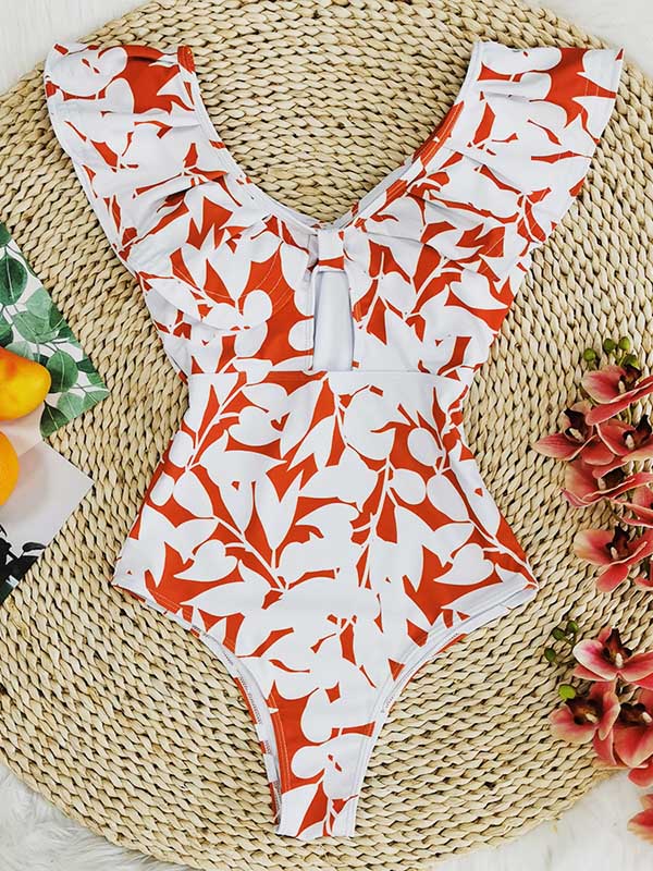 V-Neck Falbala Hollow Floral Backless One-Piece Swimwear