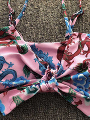 Chinese Style Printing Knotted Bandeau Split Bikini Swimsuit