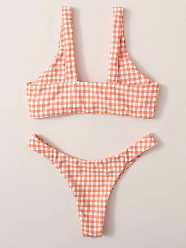 Plaid Printed Knotted Split Bikini Swimsuit