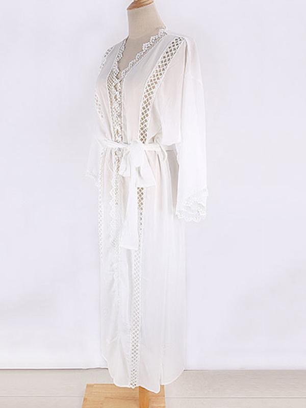 Solid Color Lace Split-Joint Long Sleeve Tunicshang Cover-Ups