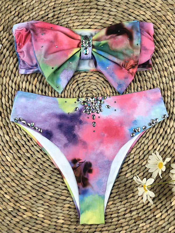 Tie-Dye Diamond-Embellished Bowknot Split Bikini Swimsuit