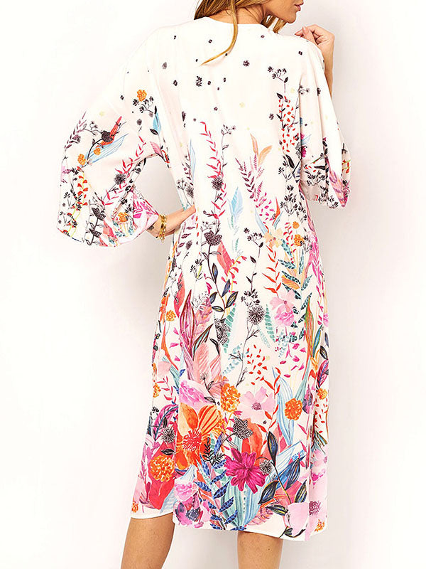 Floral-Print Long Sleeved Tunicshang Cover-Ups Tops