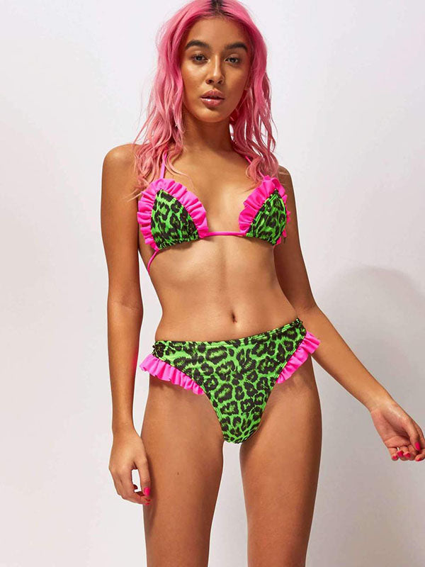 Leopard Falbala Triangles Hipster Halterneck Bikini Swimwear