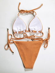 Solid Color Triangle Lave-Up Bikini Swimsuit