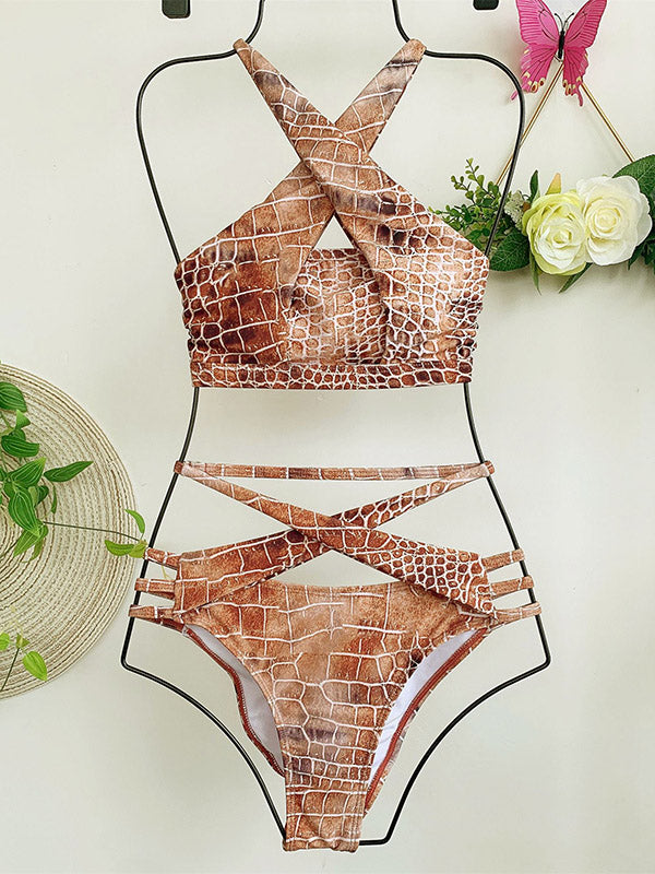 Sexy Snake-Print Crossed Hollow Split Bikini Swimsuit