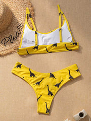 Dinosaur Print Spaghetti-Neck U-Neck Split Bikini Swimsuit